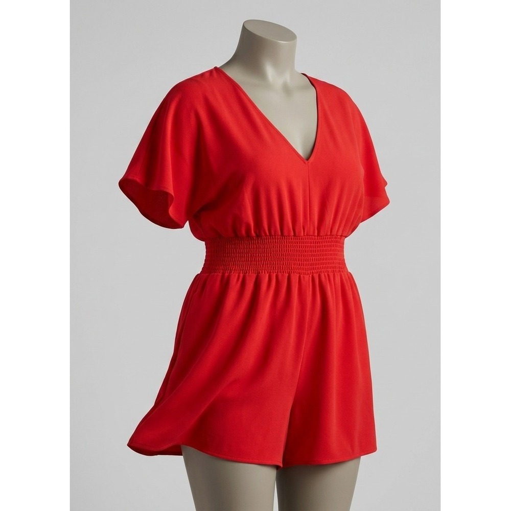 Dokotoo Red V-Neck Smocked Waist Romper Pockets Flutter Sleeves Size L NWT Vacay